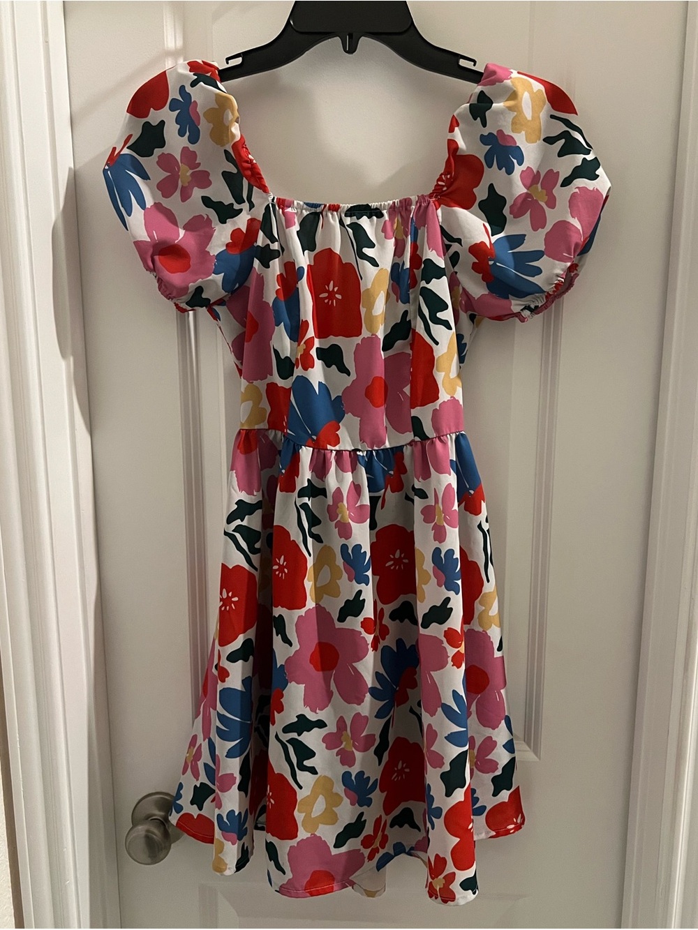 SHEIN Teen Girls 13Y Multicolor Floral Puff Sleeve Open-Back Dress